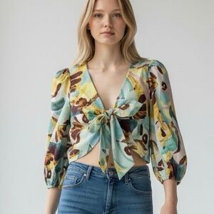 Ted Baker London S/M Floral 3/4 Puff Sleeve Smocked Crop Top Preppy Artsy Retro